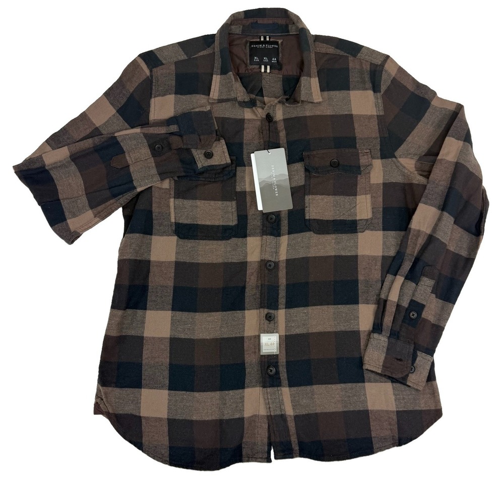 NWT Denim & Flower Ricky Singh Flannel Men's Shirt Sz XL Plaid Check Brown NEW